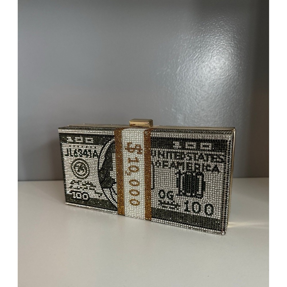Rhinestone Money Stack Clutch Handbag $10000 Bill Novelty Purse Silver Gold